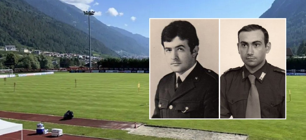 Il campo sportivo di Dimaro, dove andrà in scena il torneo. Nei riquadri l'appuntato Barborini e il maresciallo D'Andrea Il campo sportivo di Dimaro, dove andrà in scena il torneo